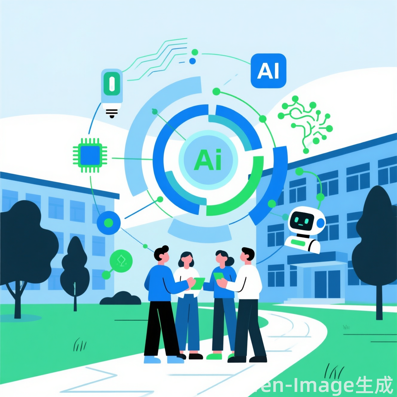 大四学生在校园创业讨论的抽象插图，体现团队合作与创新氛围