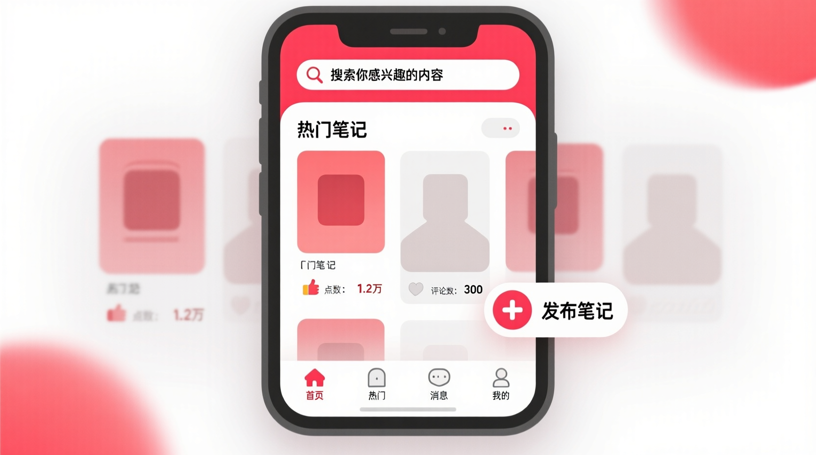 小红书平台界面抽象设计，展示热门笔记、搜索栏和互动元素