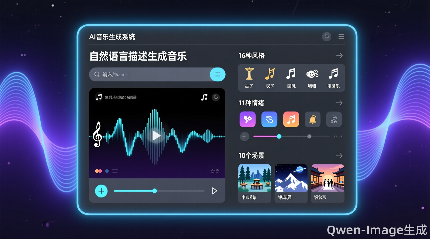 AI音乐生成界面，支持16种风格×11种情绪×10个场景自定义选项