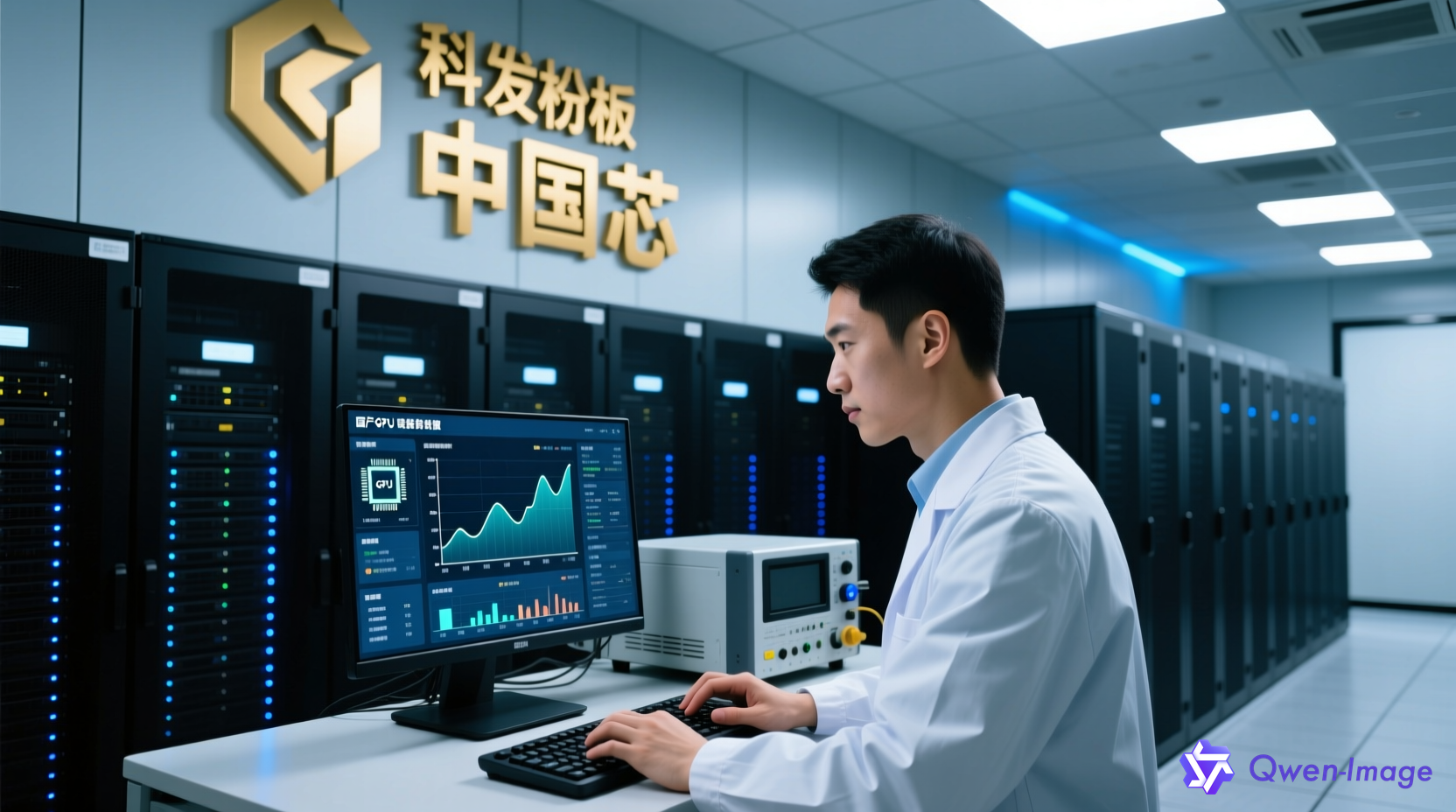 数据中心内部，中国工程师正在测试国产GPU芯片，背景有科创板标志和'中国芯'字样，展现科技自主创新的场景