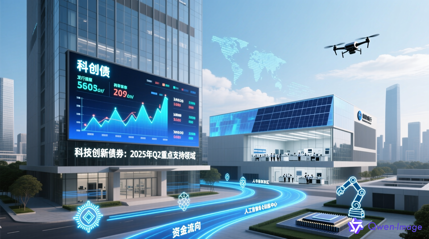 科创债市场支持科技创新的金融场景，银行与科技企业研发中心并列，资金流向半导体和AI领域