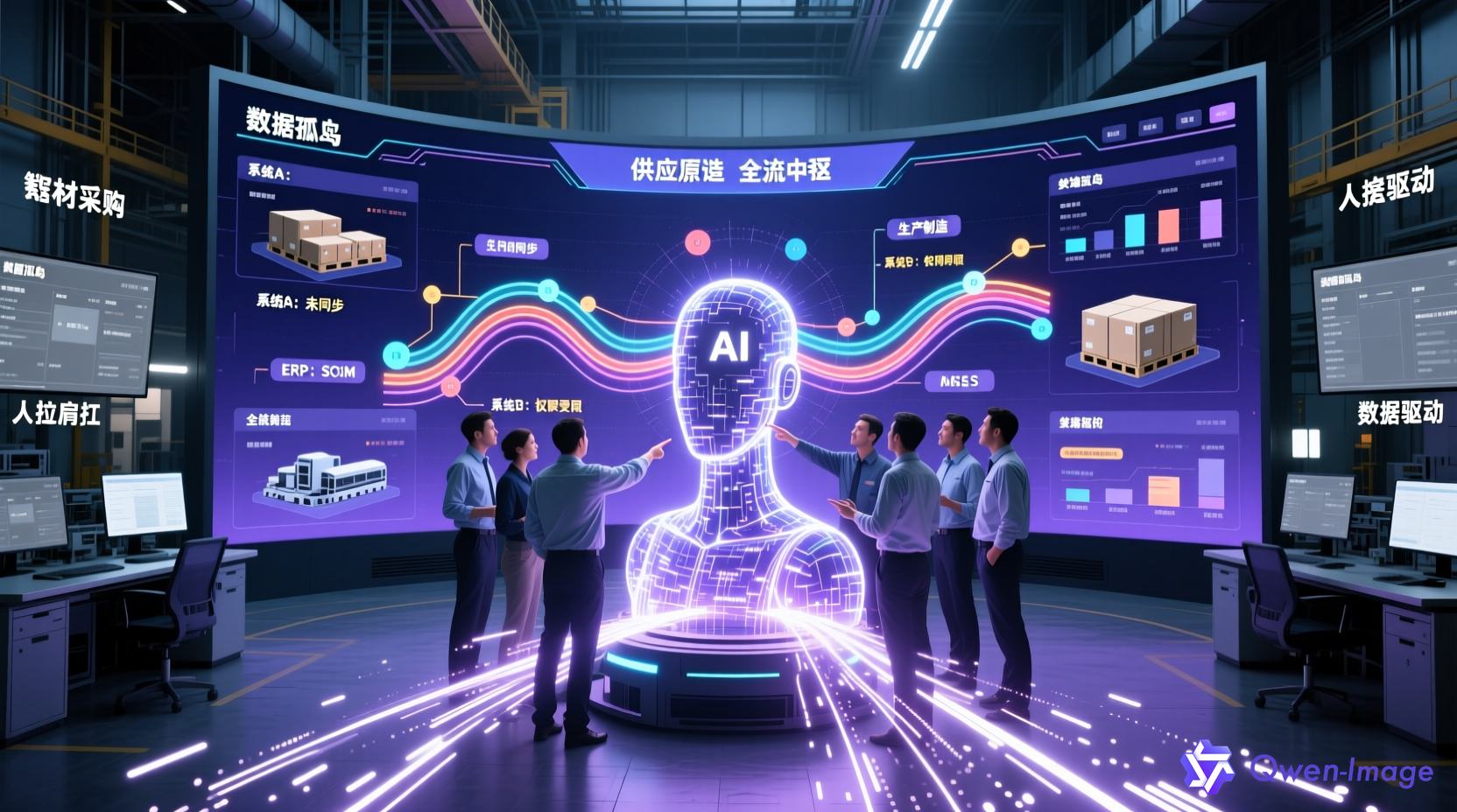 制造业数据孤岛整合示意图，展示AI大模型将分散数据流整合为统一视图