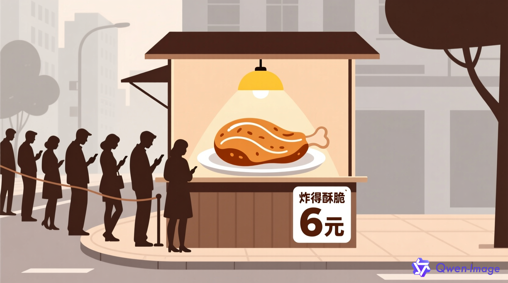 简约风格的街头鸡排摊位插画，排队顾客的剪影，温暖的灯光，6元价格标签，抽象化的鸡排美食