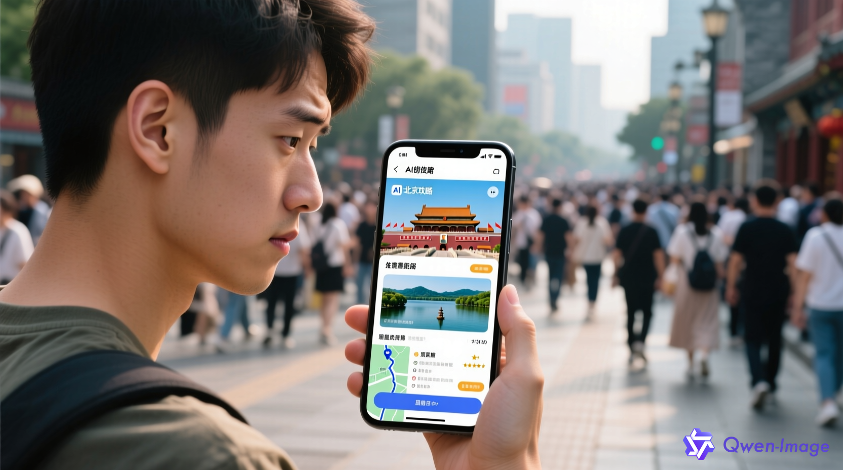 创业者查看AI生成的旅游攻略，显示热门景点但人群拥挤