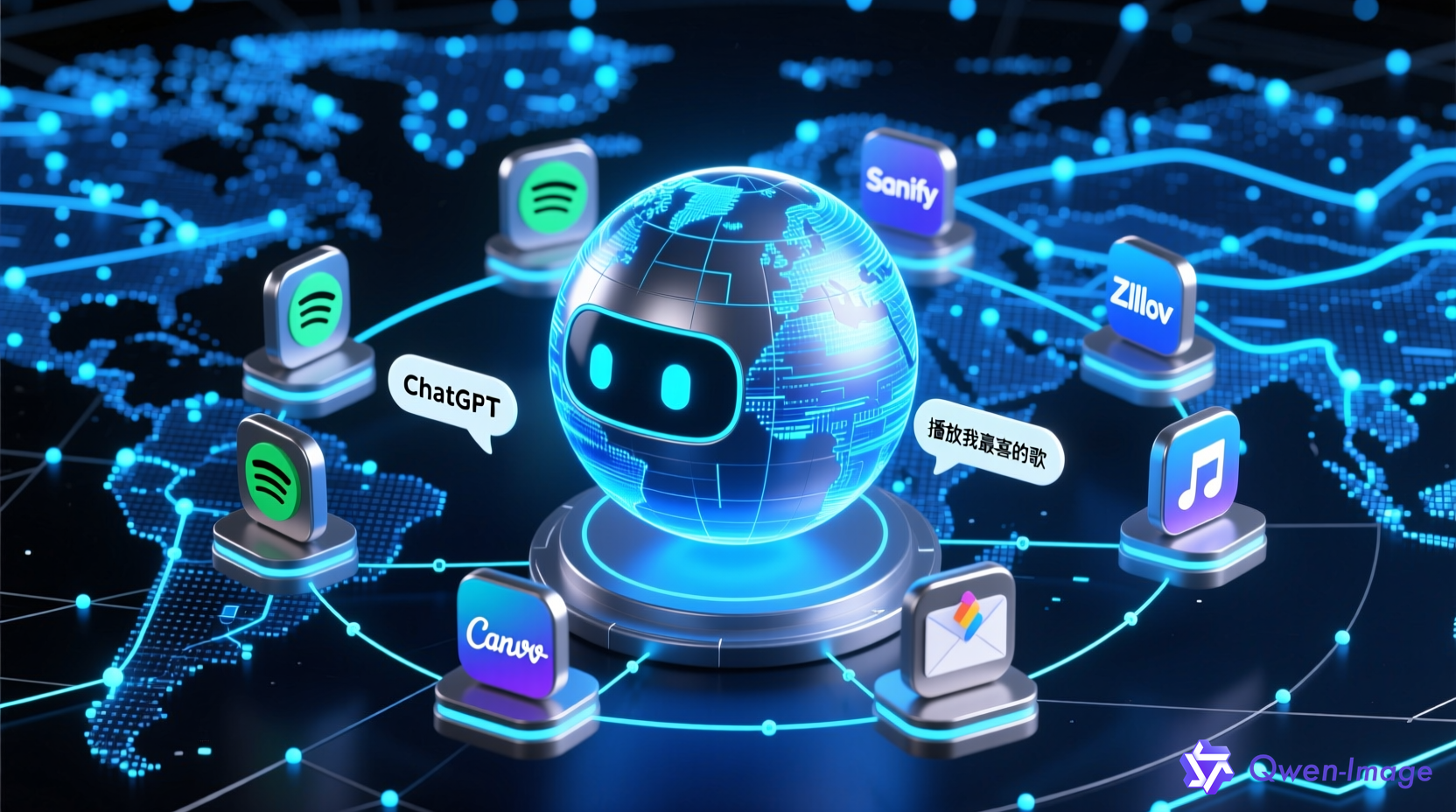 ChatGPT操作系统3D可视化界面，展示第三方应用集成和全球用户网络