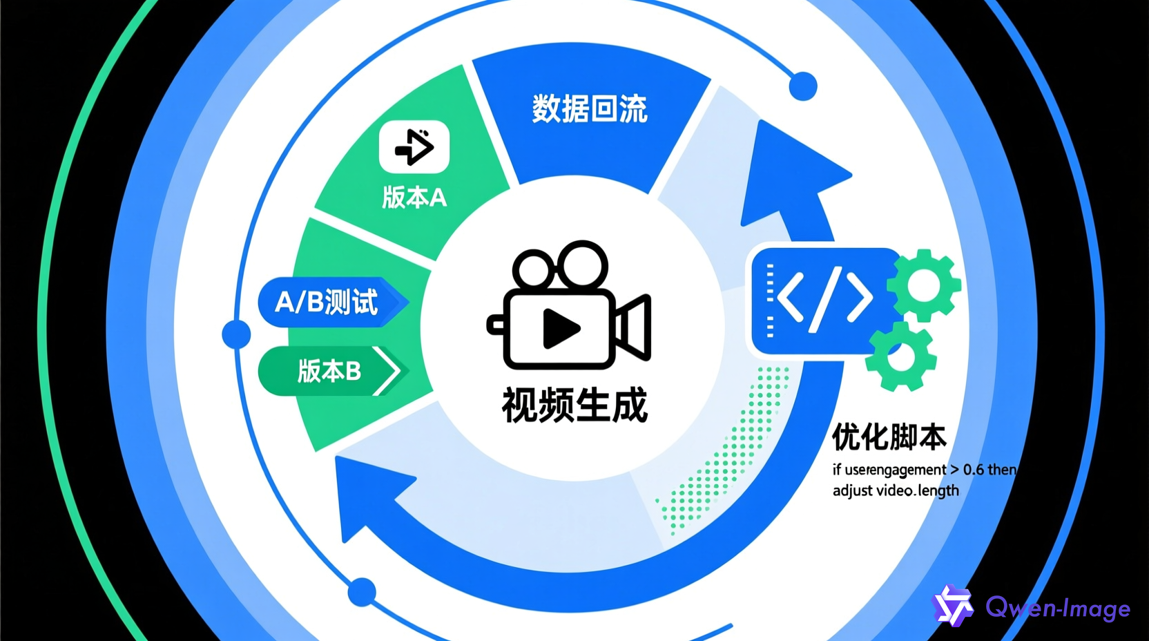 视频增长飞轮概念图：包含视频生成、A/B测试、数据回流、优化脚本等元素