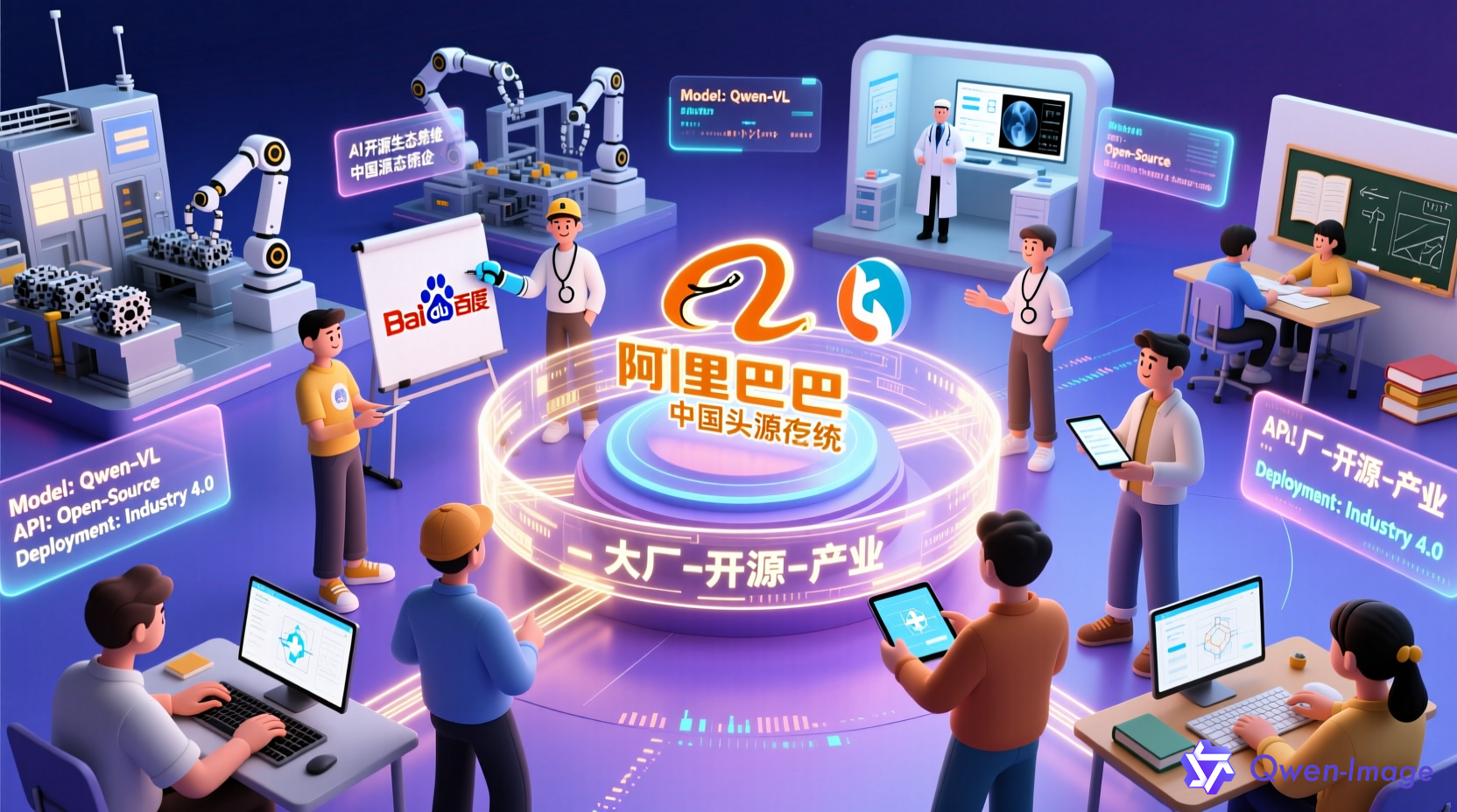 AI开源生态系统示意图：大厂logo与开发者及行业应用场景