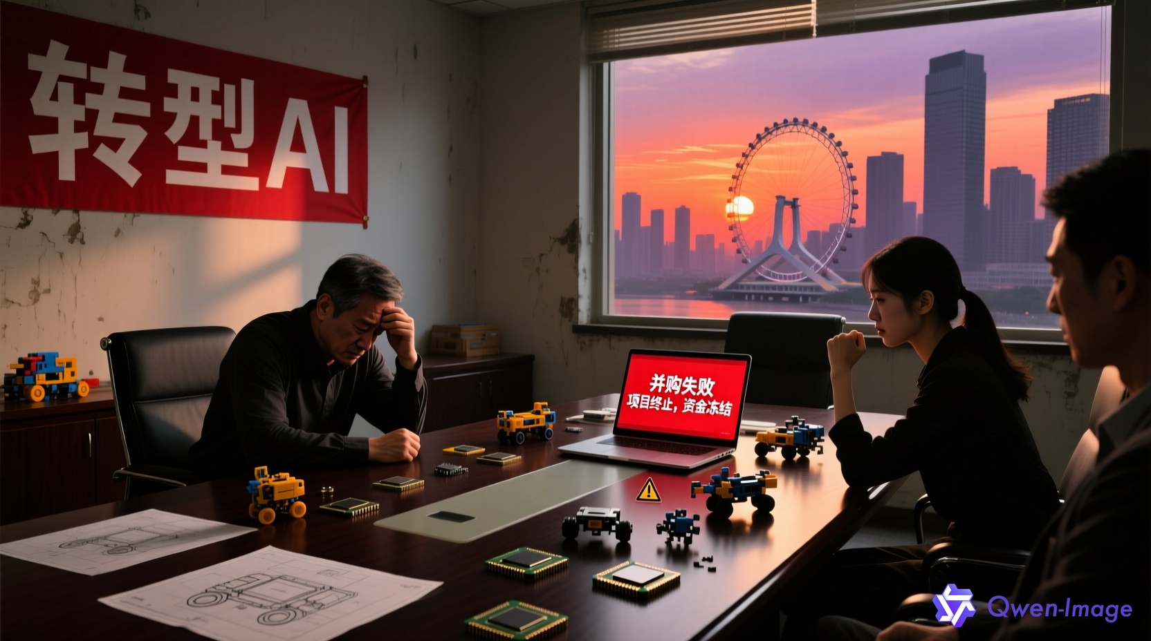 群兴玩具并购失败场景，会议室中团队面对转型失败