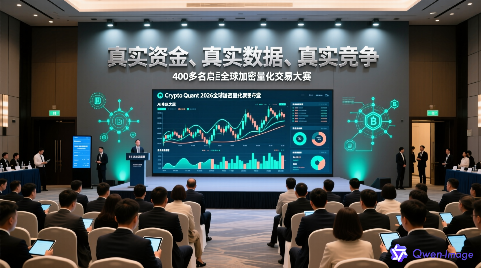 Crypto Quant 2026全球加密量化交易大赛发布会现场，展示AI驱动交易和链上策略的实时数据流