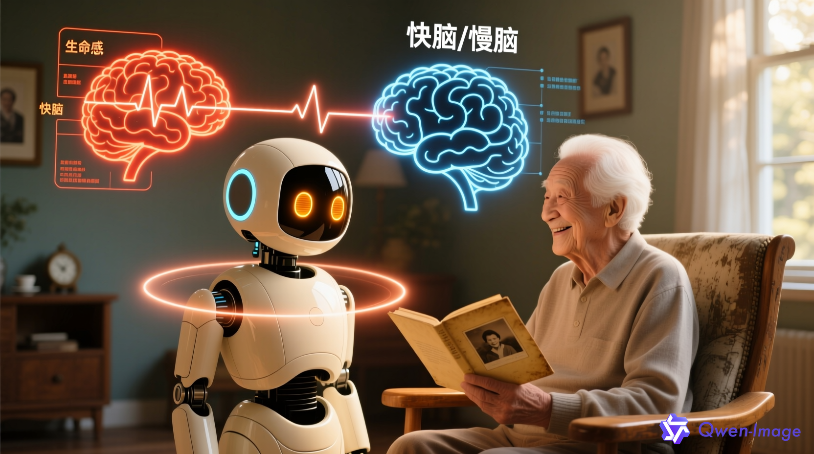 具备'生命感'的陪伴机器人与老人互动，展示'快脑/慢脑'认知结构