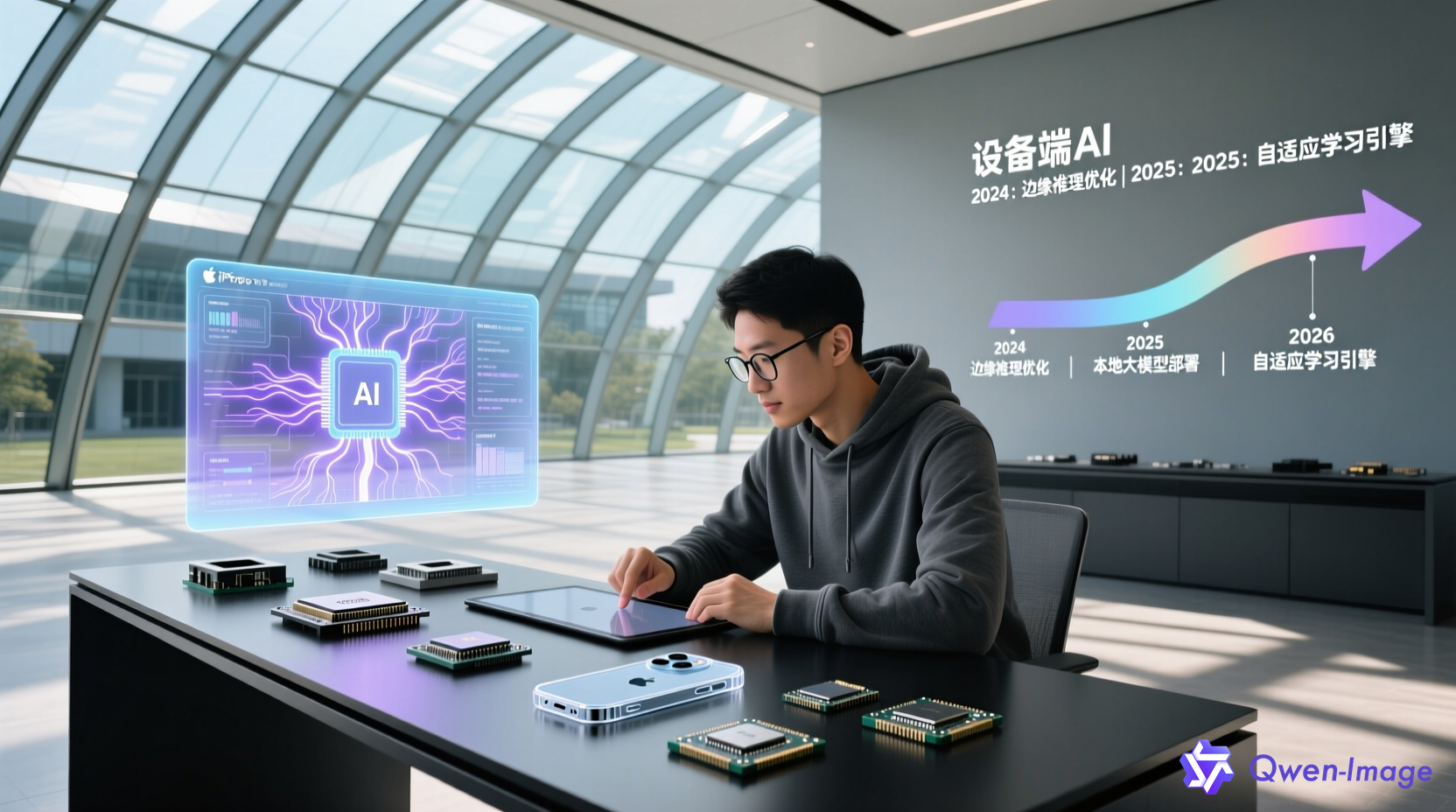 苹果总部园区AI芯片设计场景，展示设备端AI战略路线图