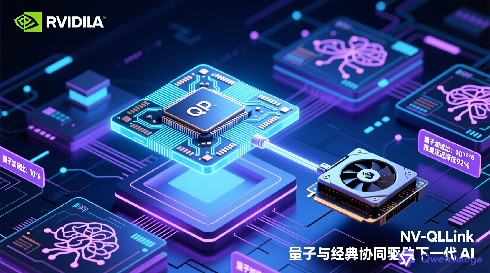 量子计算机与英伟达GPU互联场景，展示QPU芯片与GPU通过NVQLink高速连接，量子比特在超导电路中发光，背景是量子-经典混合计算架构的可视化界面
