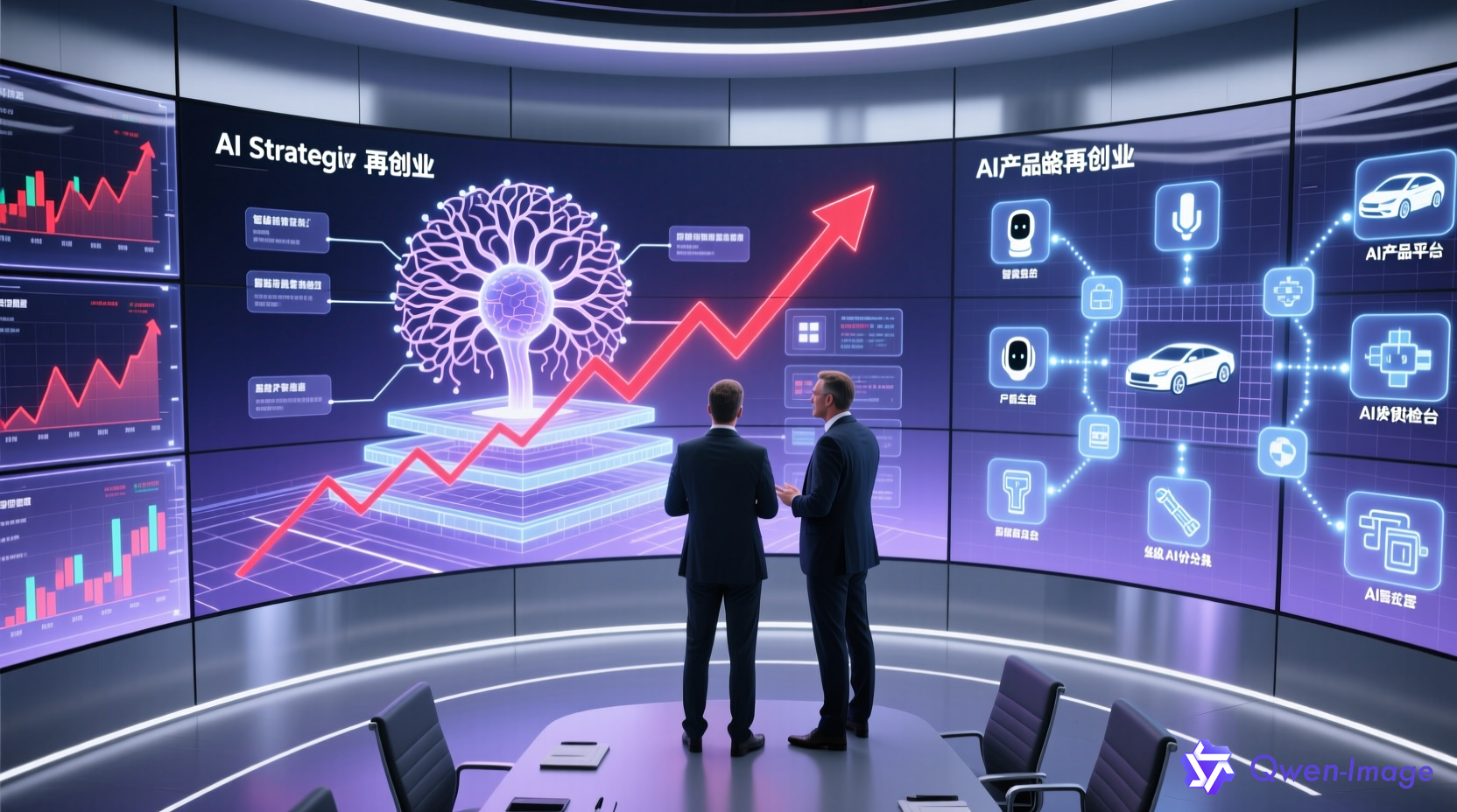 科技巨头AI战略会议场景，两位创始人讨论技术路线图，体现再创业精神