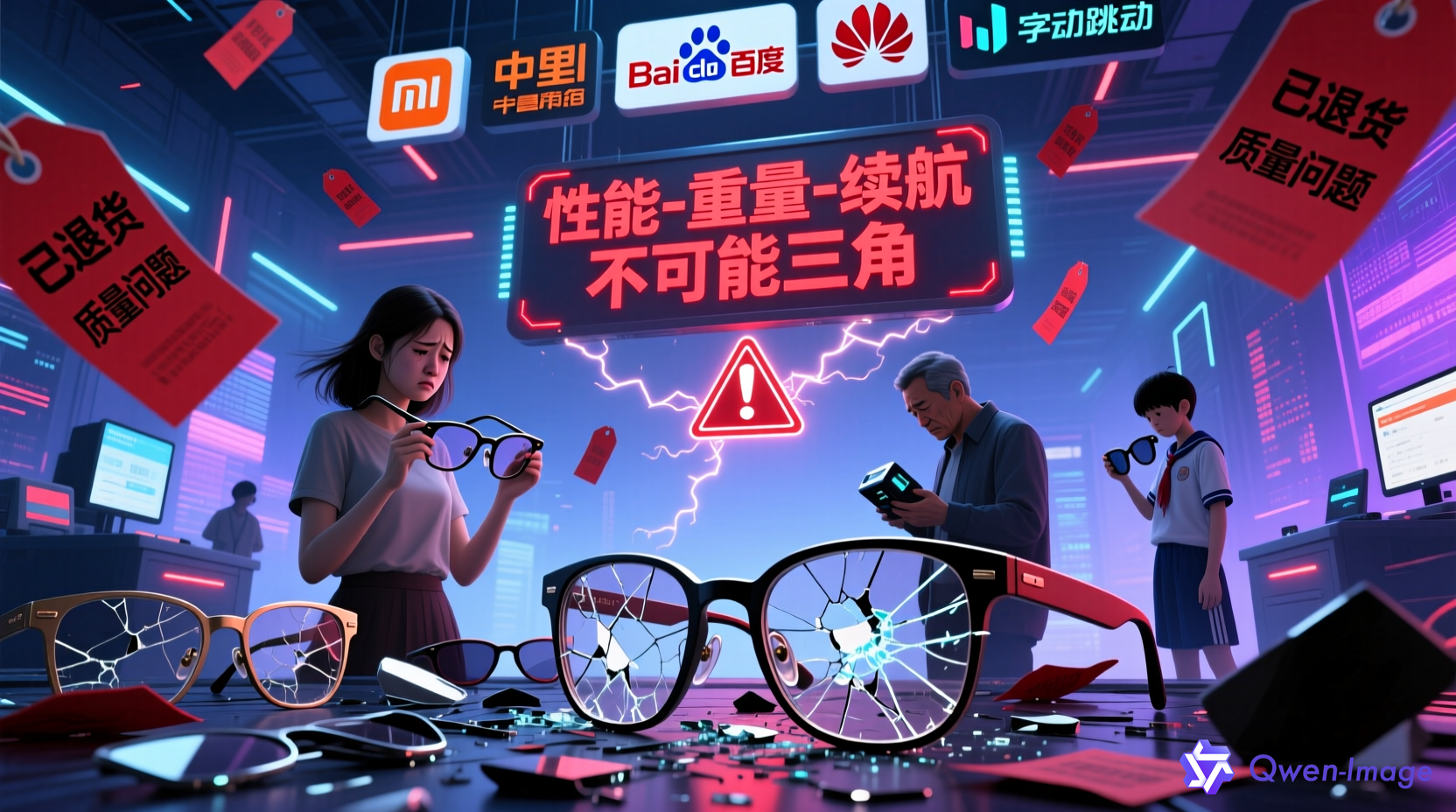 AI眼镜市场混乱场景，破碎的眼镜散落在电商平台上，退货标签飘浮在空中，小米、阿里、百度等大厂logo高悬，消费者手持眼镜露出失望表情，背景显示'性能-重量-续航'不可能三角的警示标志