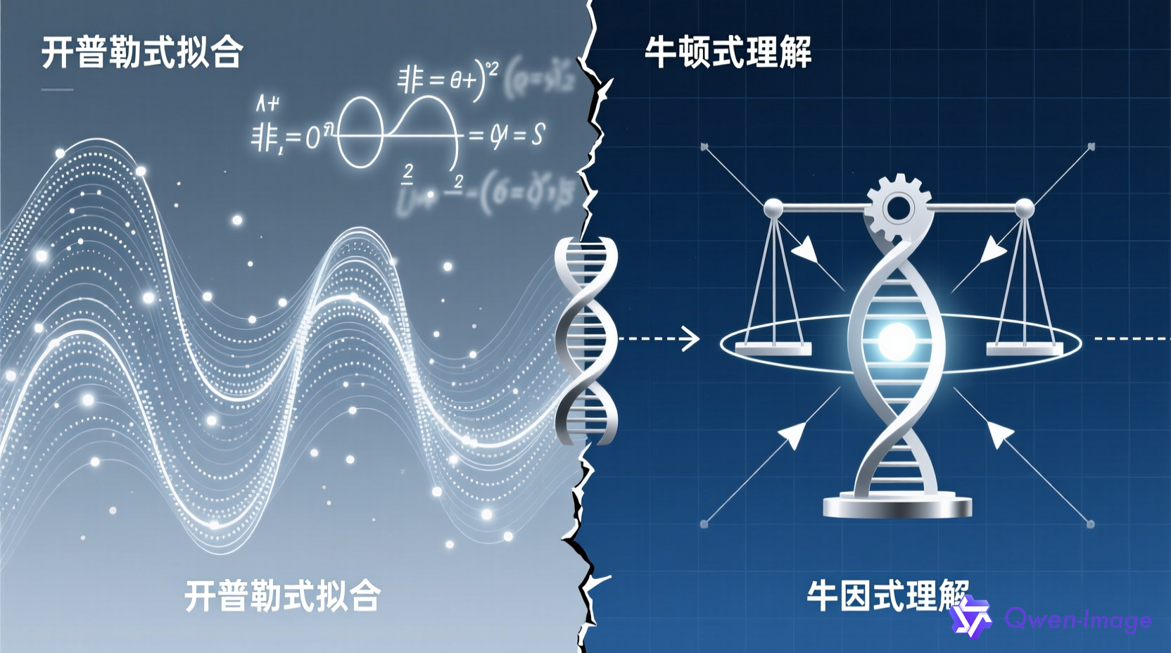 经济学家在学术演讲中展示经济学图表与AI模型的对比，突出\'开普勒式拟合\'与\'牛顿式理解\'的视觉对比