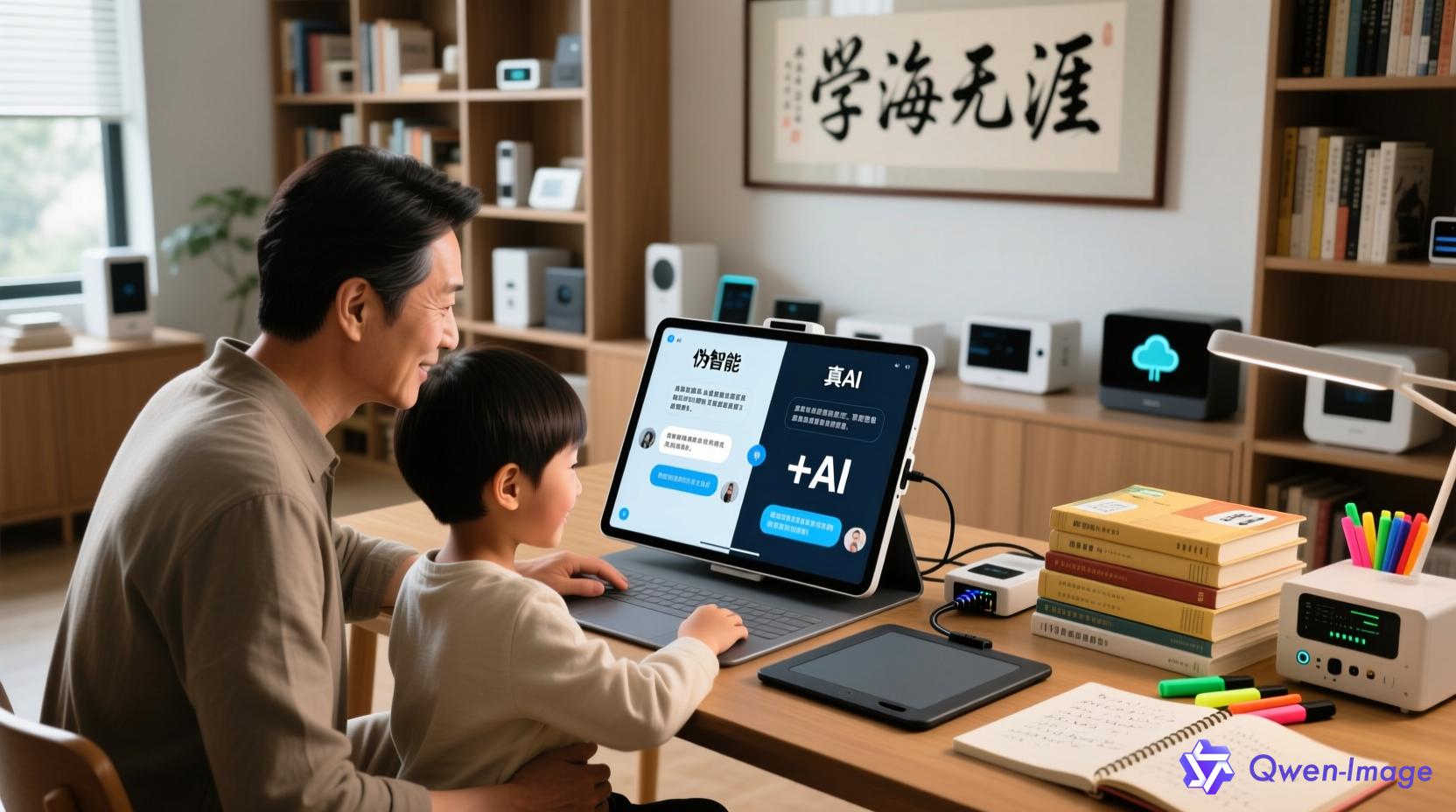 家长和孩子使用AI学习机对比伪智能与真AI