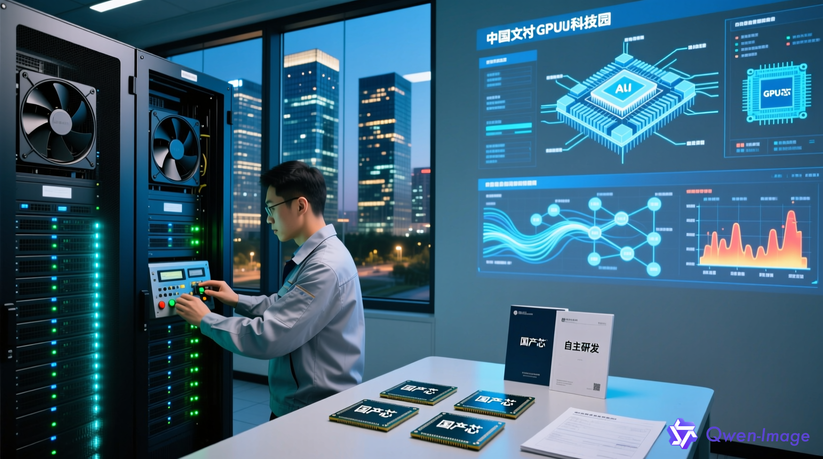 中国工程师在数据中心调试国产GPU服务器，展示摩尔线程芯片与AI算力集群