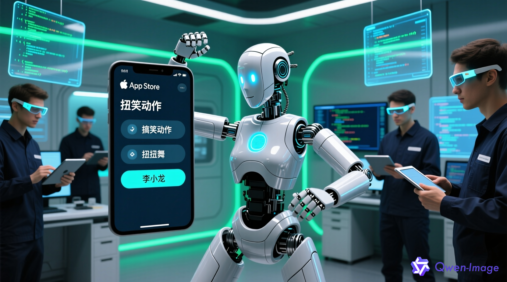 宇树人形机器人App Store界面展示，包含搞笑动作、扭扭舞、李小龙预设选项