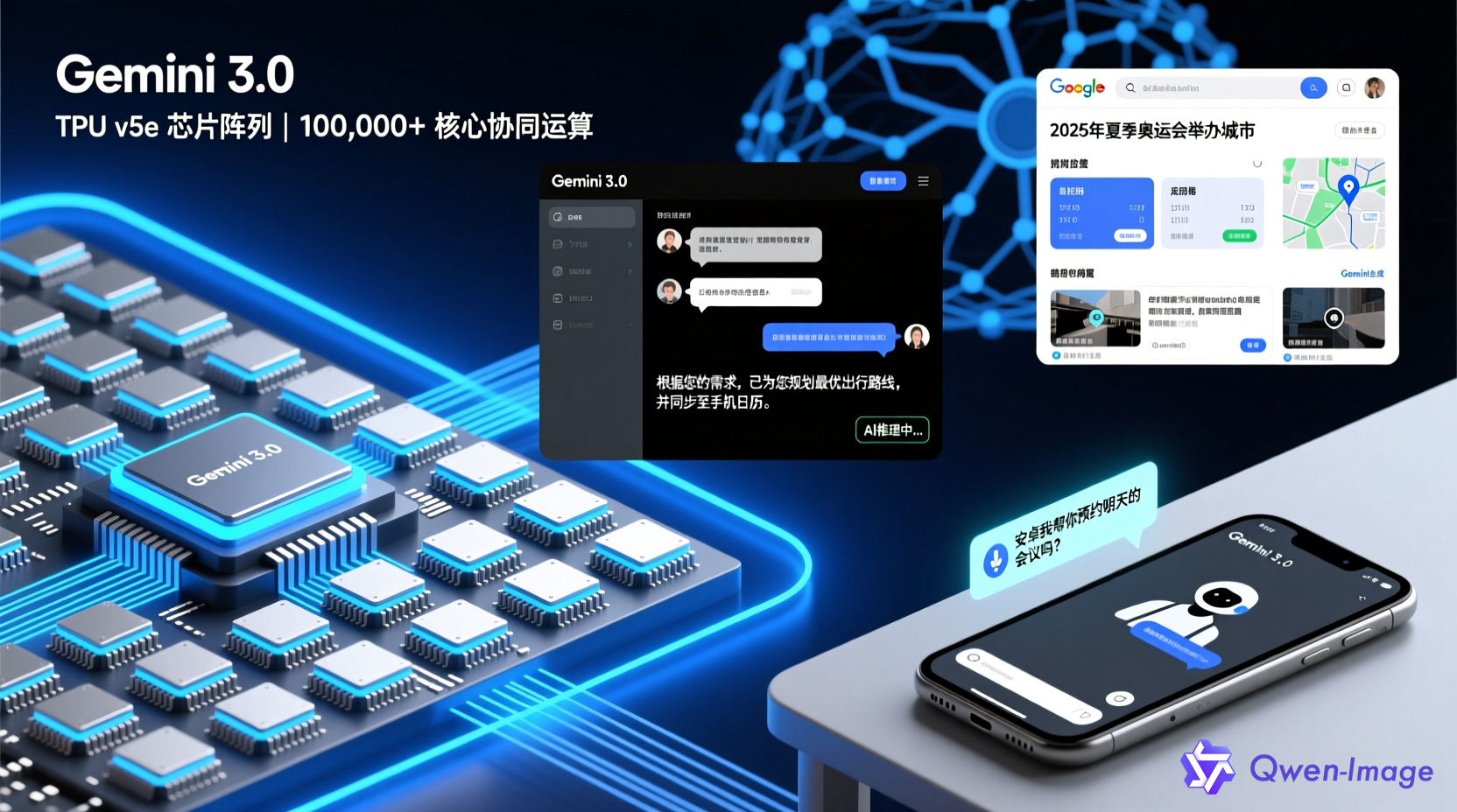 谷歌AI技术全栈生态展示，包括TPU芯片阵列、Gemini 3.0模型界面、AI搜索与安卓系统融合