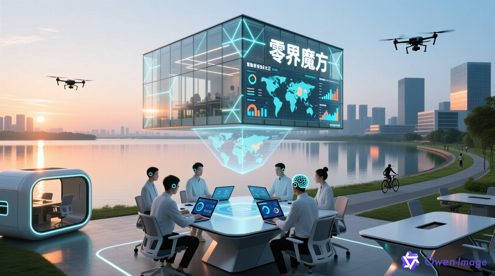临港滴水湖畔的现代化创业社区，数字游民在'零界魔方'社区内使用AI工具远程协作