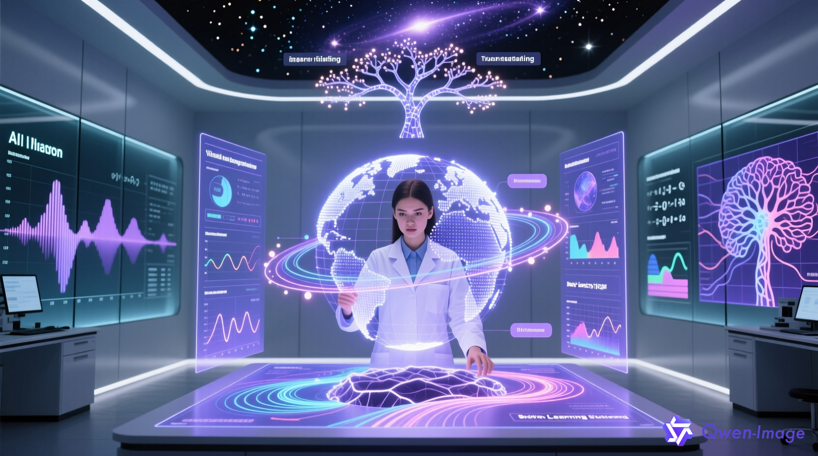 AI科学家操作全息世界模型界面，展示AI理解物理世界的突破性进展