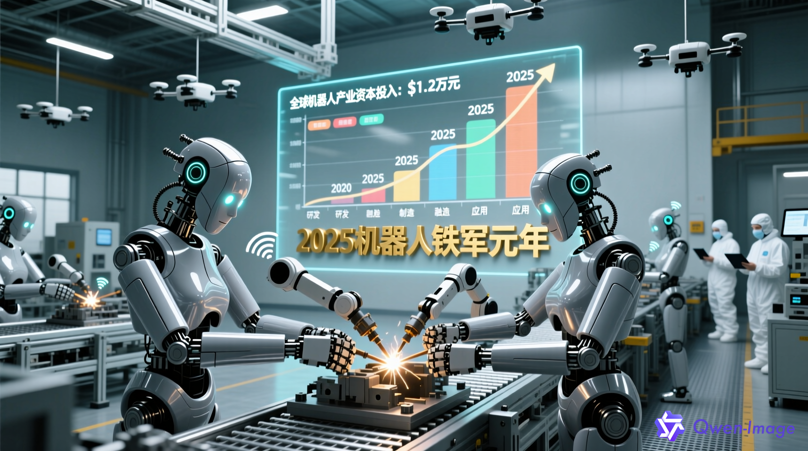 现代化机器人生产车间协同工作，展现资本与技术深度融合