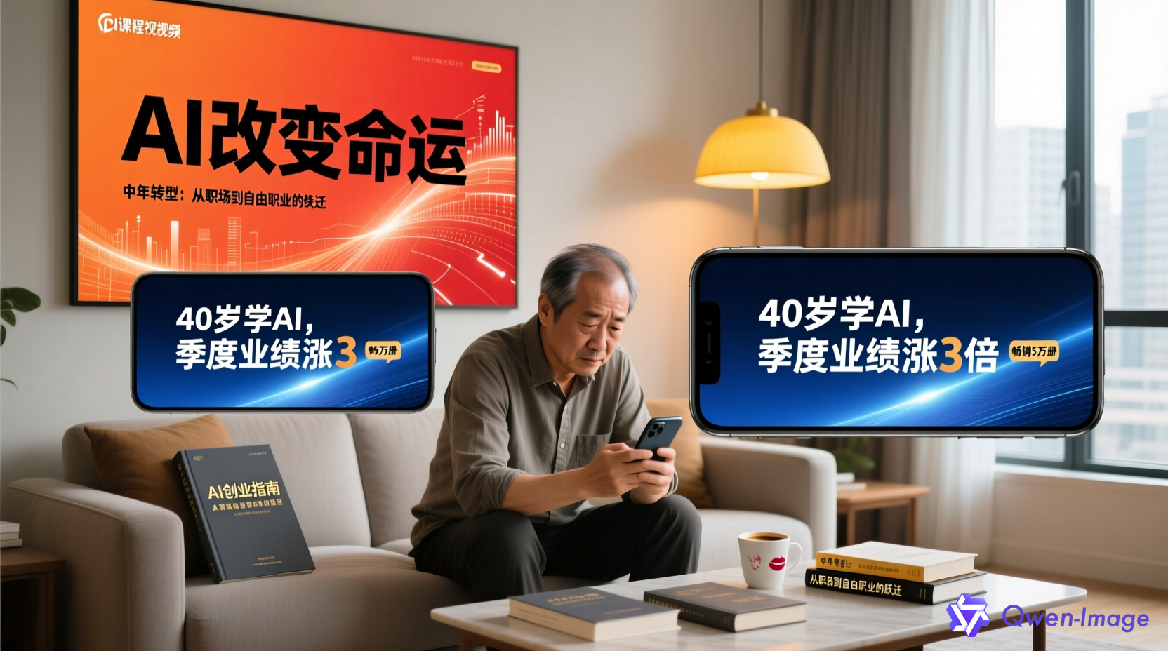 中年男性在客厅观看AI课程短视频，展示营销陷阱场景