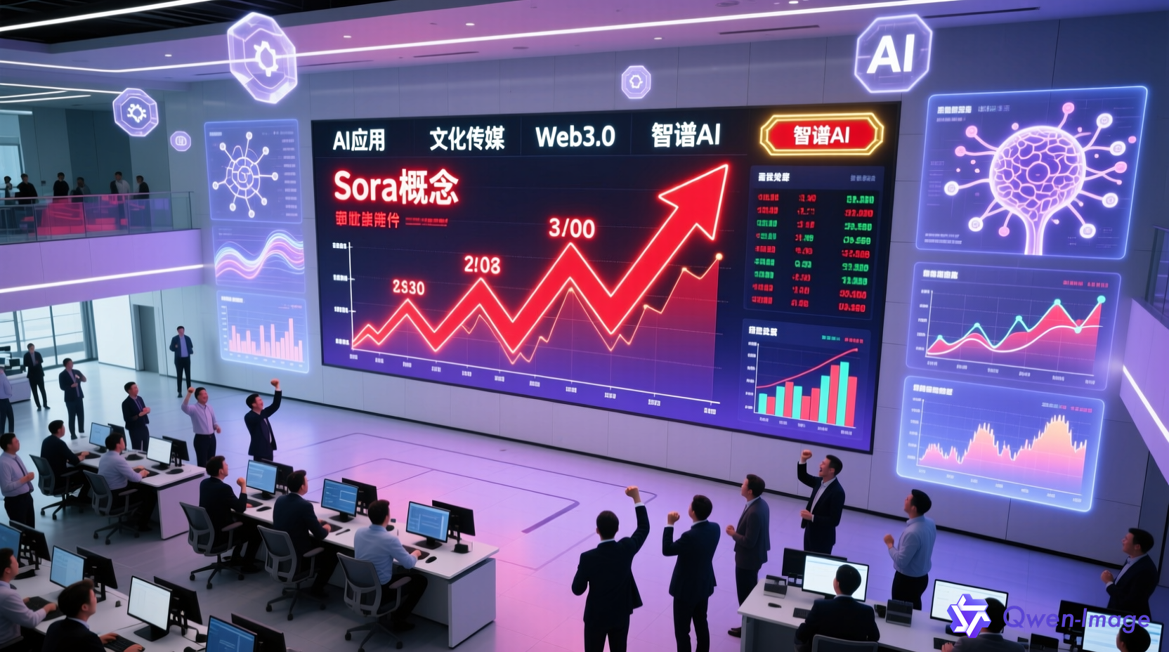 现代化股票交易大厅，AI应用板块股票上涨趋势
