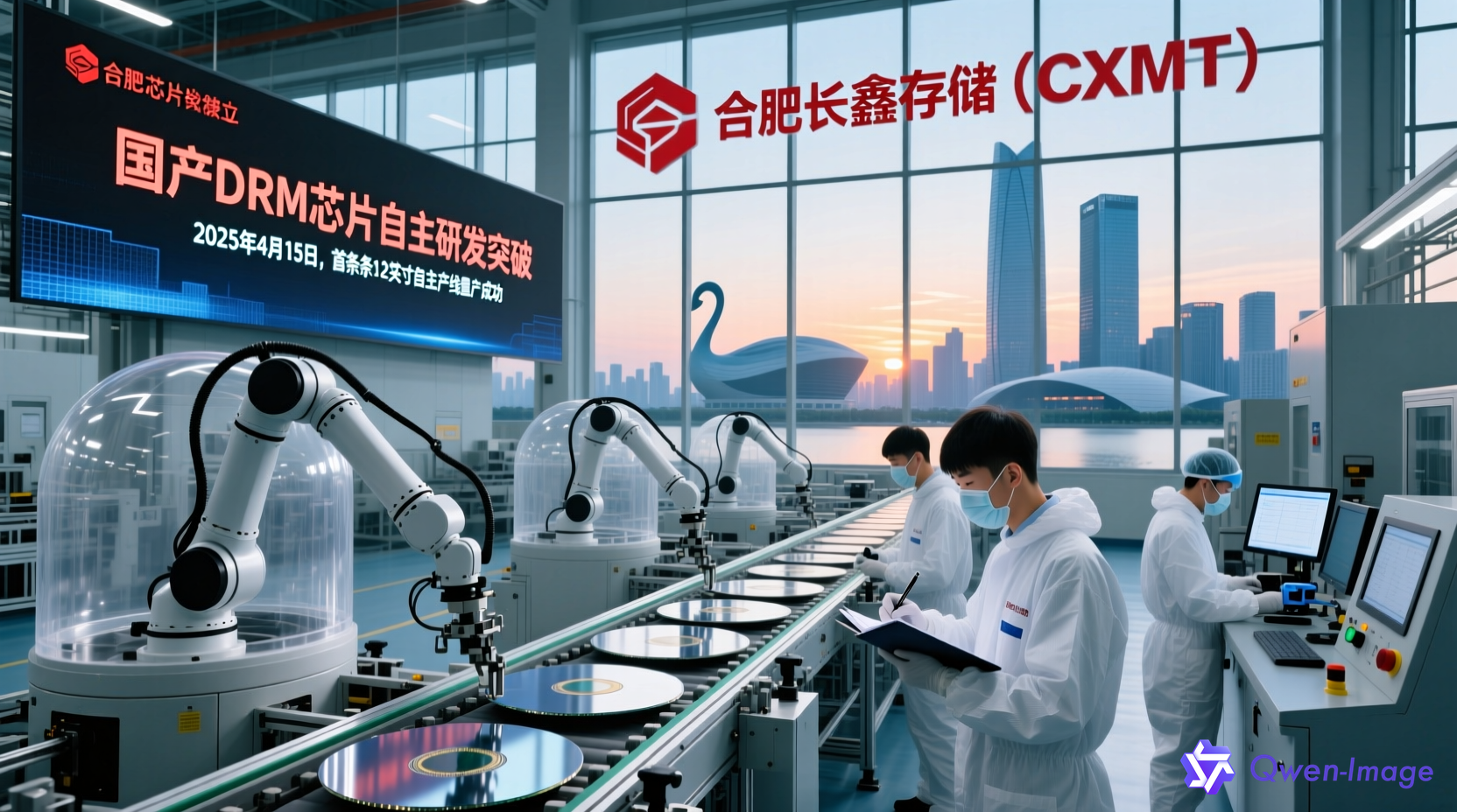 中国芯片制造工厂内部场景，展示先进的晶圆生产线和工程师团队，背景有合肥城市天际线
