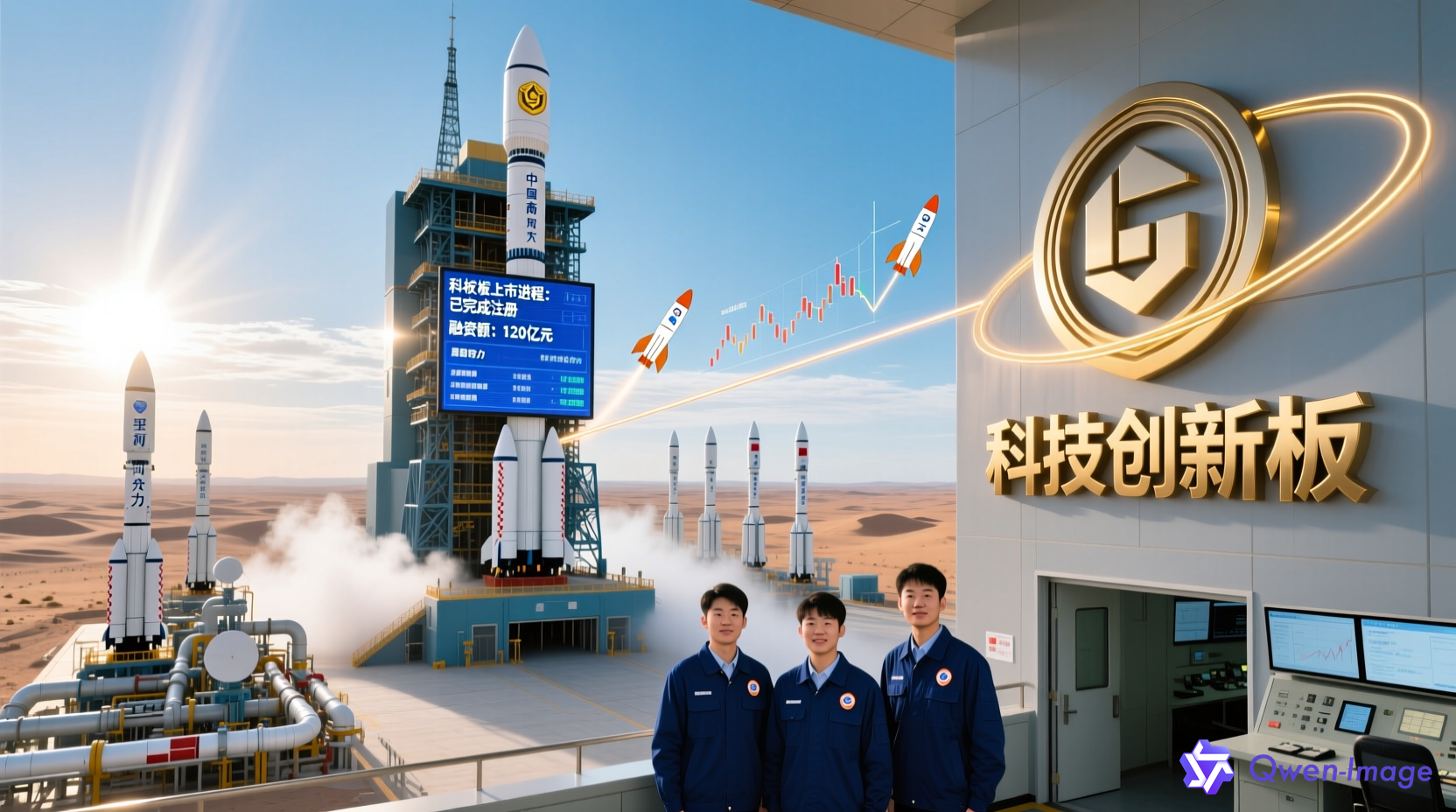 中国商业航天企业集体冲刺IPO场景，火箭发射基地与科创板标志并置