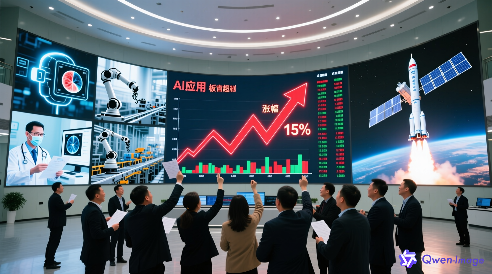 AI应用板块上涨的A股交易大厅场景