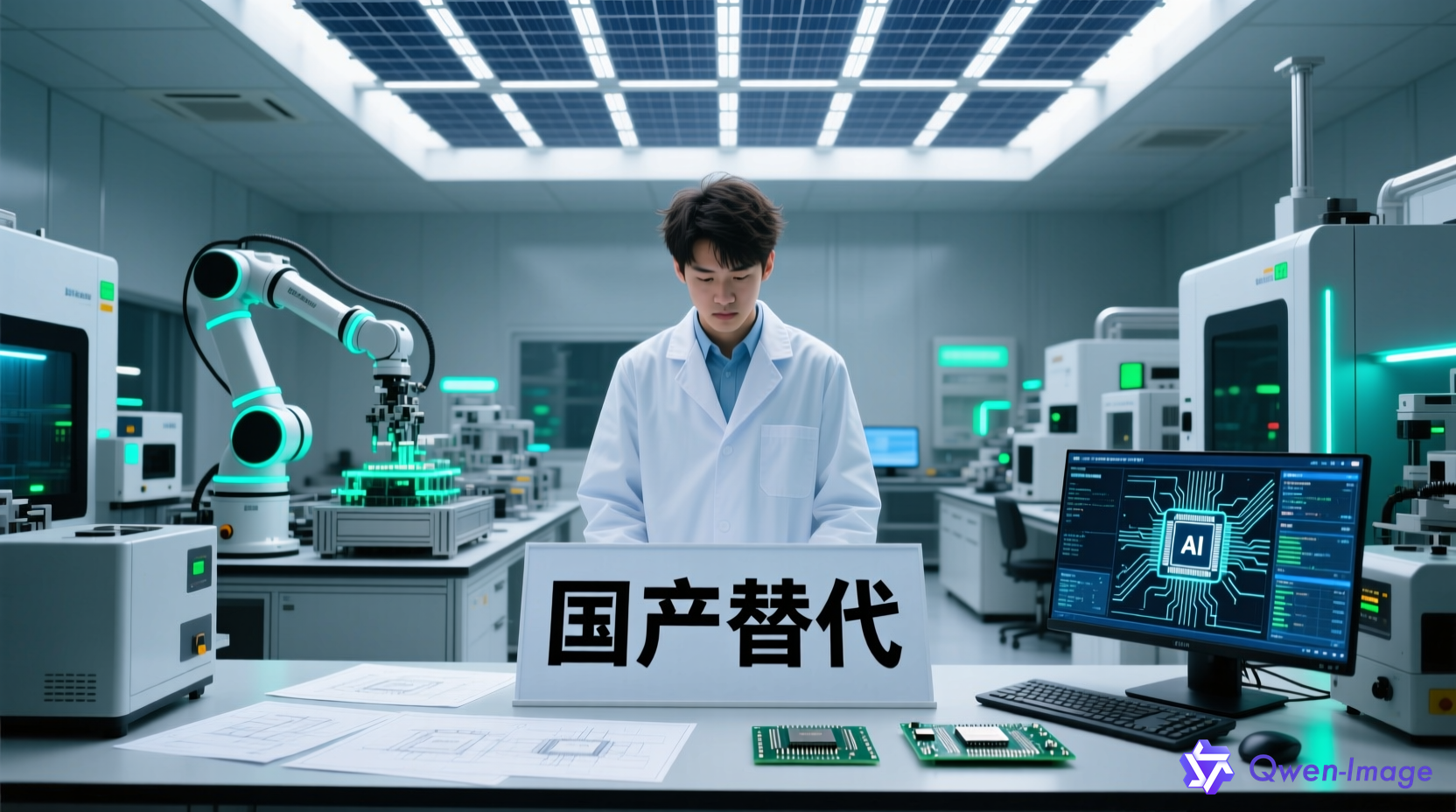半导体实验室中的AI芯片研发场景，体现国产替代与新能源融合