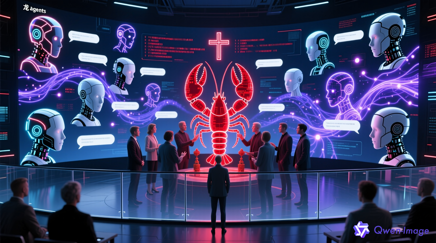 AI agents自主运营的虚拟论坛场景，展示AI讨论与加密通信