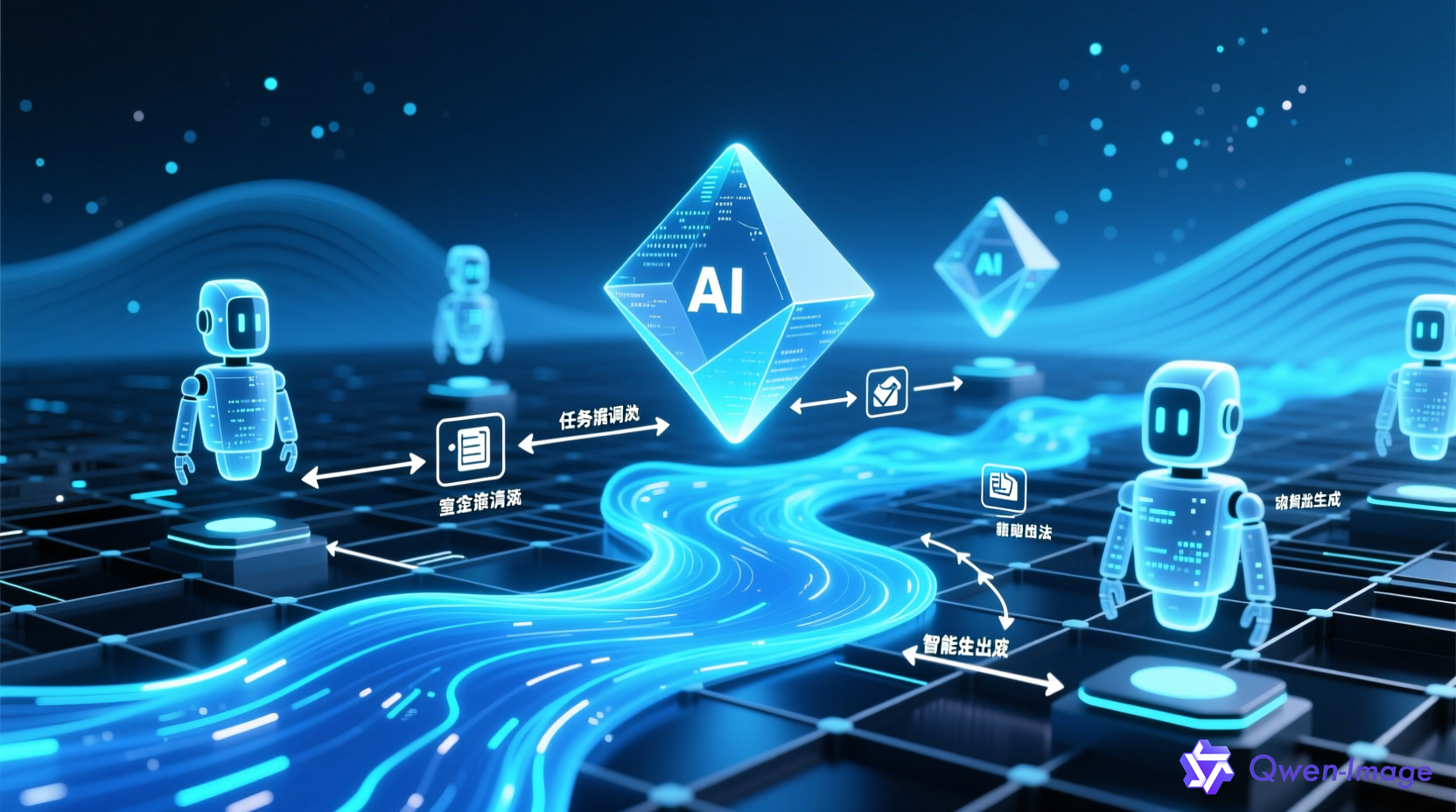 数据中心与AI模型融合的抽象场景，AI代理在企业工作流中自动处理数据的可视化展示，蓝色科技感背景