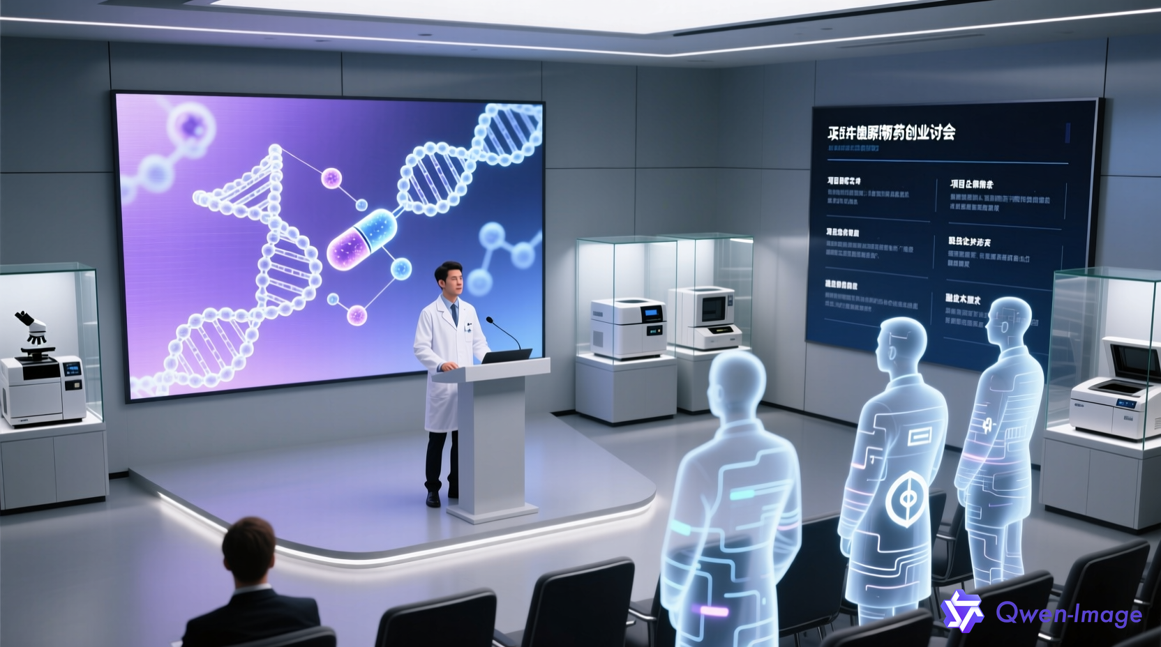 生物医药创业研讨会场景，科学家在会议中心展示创新技术