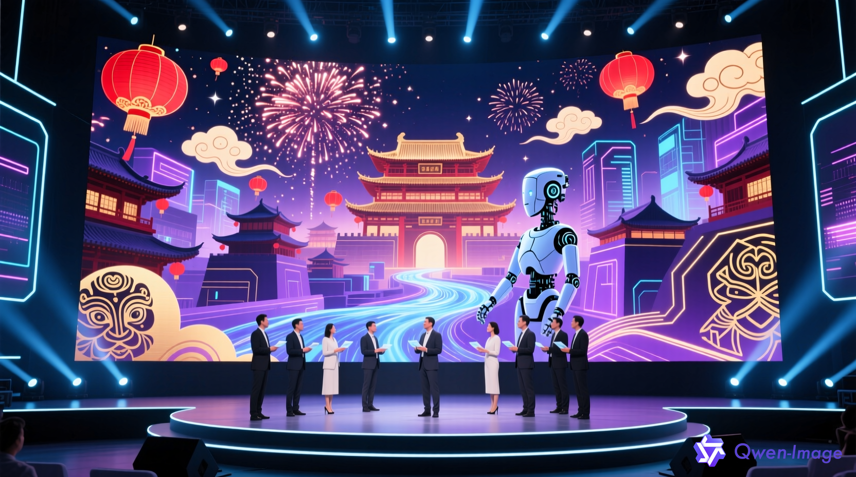 春节科技发布会现场，AI企业展示视频生成技术，未来感科技氛围