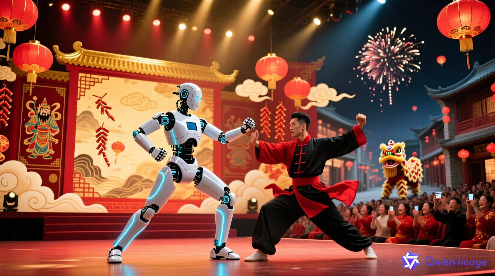 宇树科技人形机器人在春晚舞台表演武术动作，包括后空翻