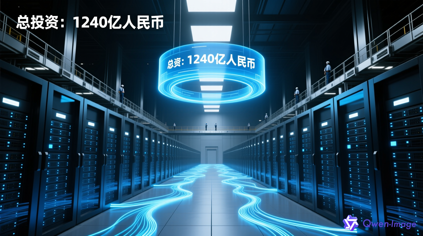 谷歌AI数据中心全景，巨型服务器阵列与光纤网络交织，象征12400亿投资规模