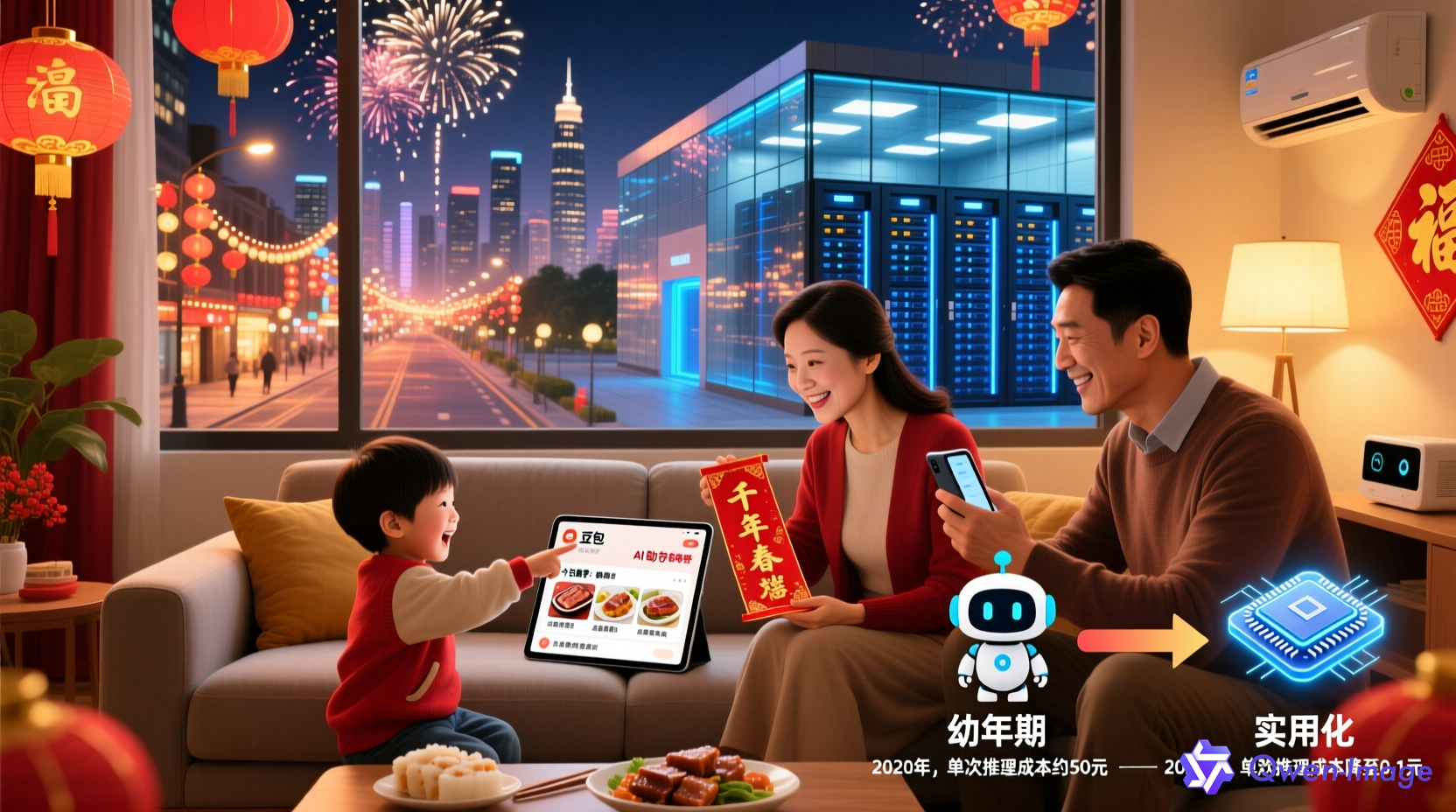 春节假期中人们使用豆包、千问等AI应用的热闹场景，数据中心与算力成本对比