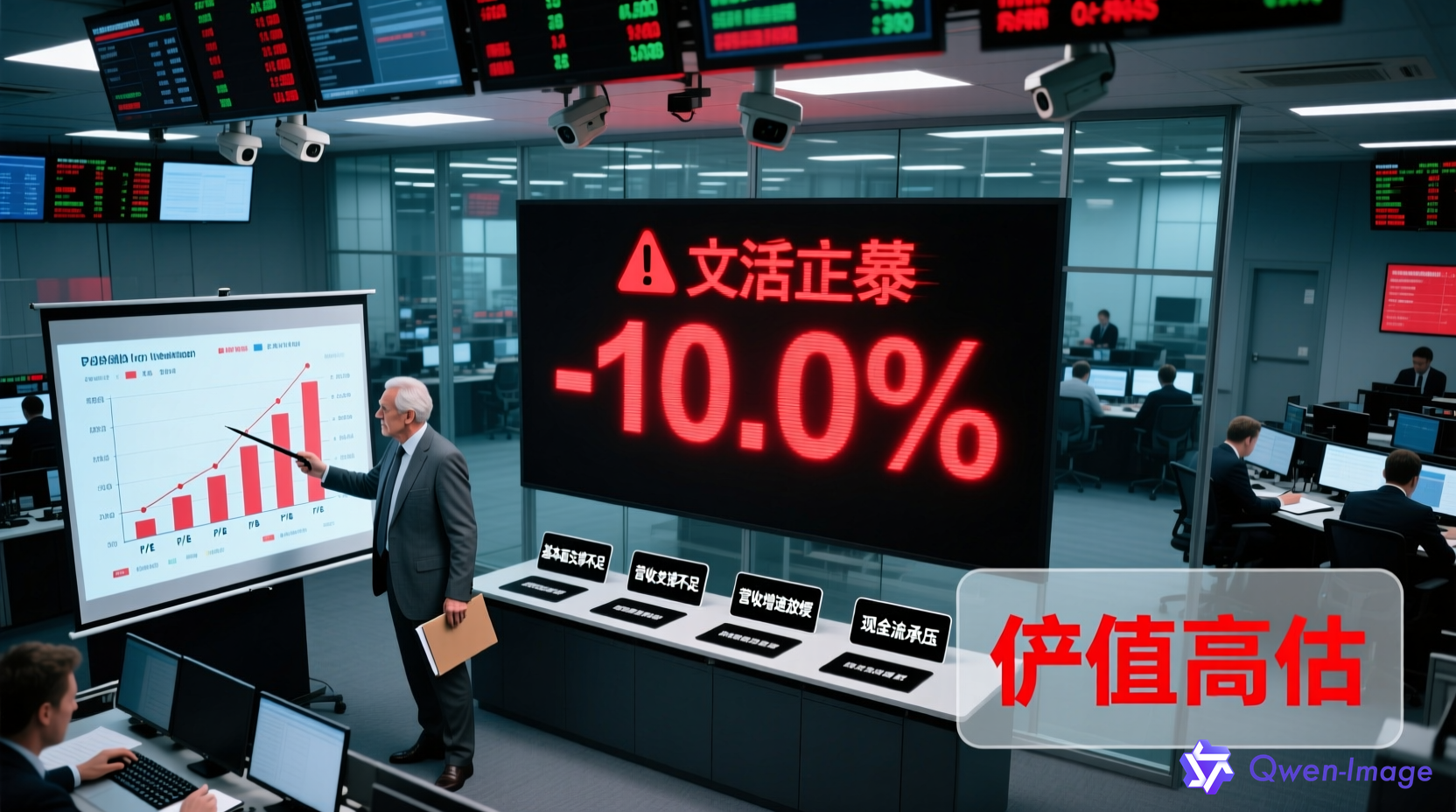 估值高估与基本面支撑不足的股票交易大厅场景