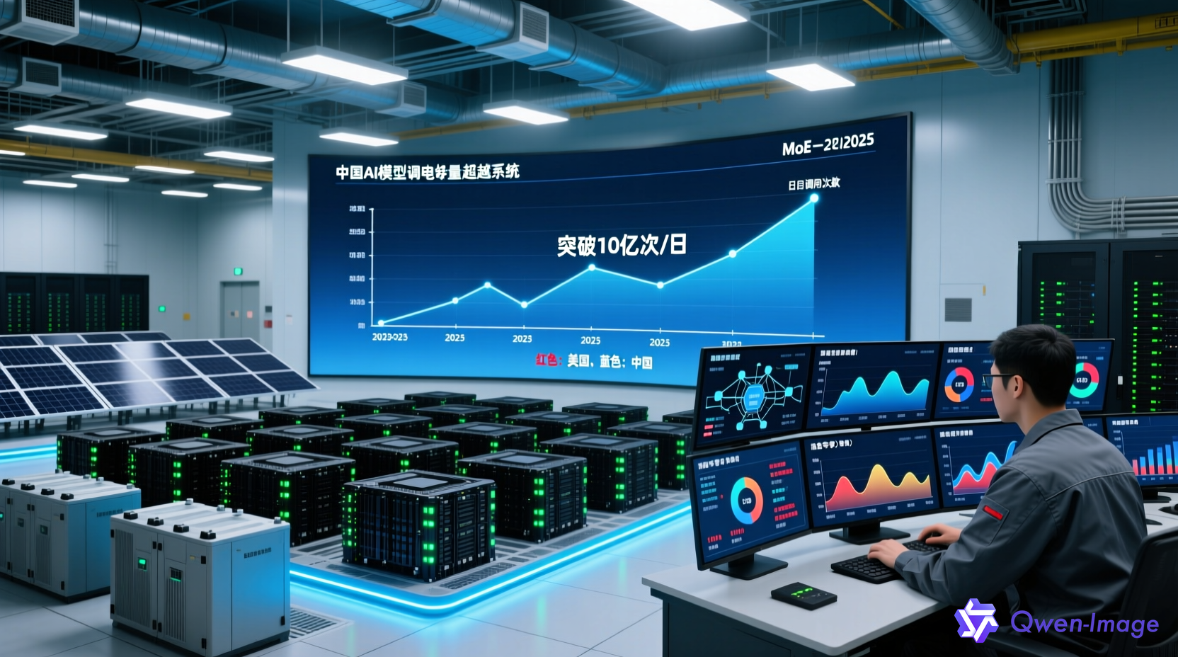 中国AI模型调用量超越美国的数据中心场景，显示实时图表与MoE架构监控
