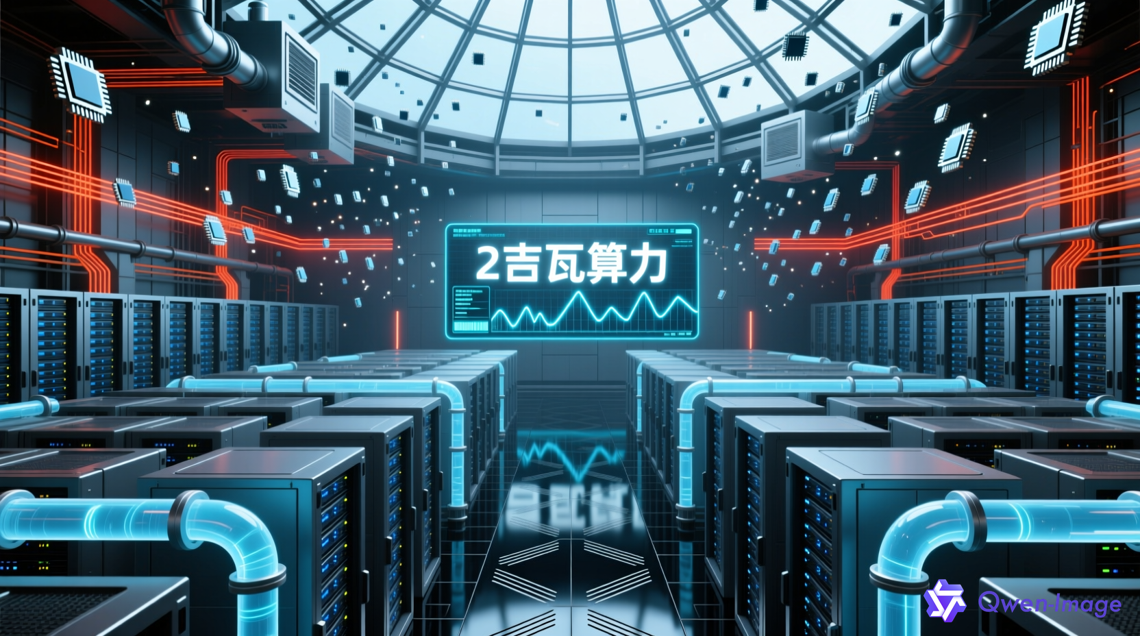 未来感十足的AI数据中心内部场景，展示服务器阵列和液冷系统，体现AI重工业化规模
