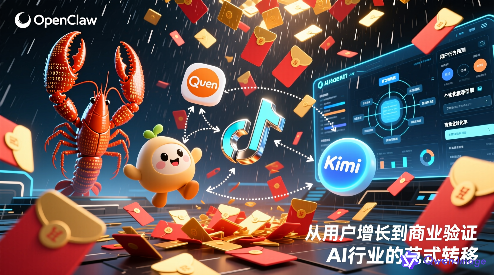 AI行业红包大战场景，展示字节跳动豆包、阿里Qwen、月之暗面Kimi等大模型图标在红包雨中竞争，背景为OpenClaw的小龙虾标志和AI Agent操作界面
