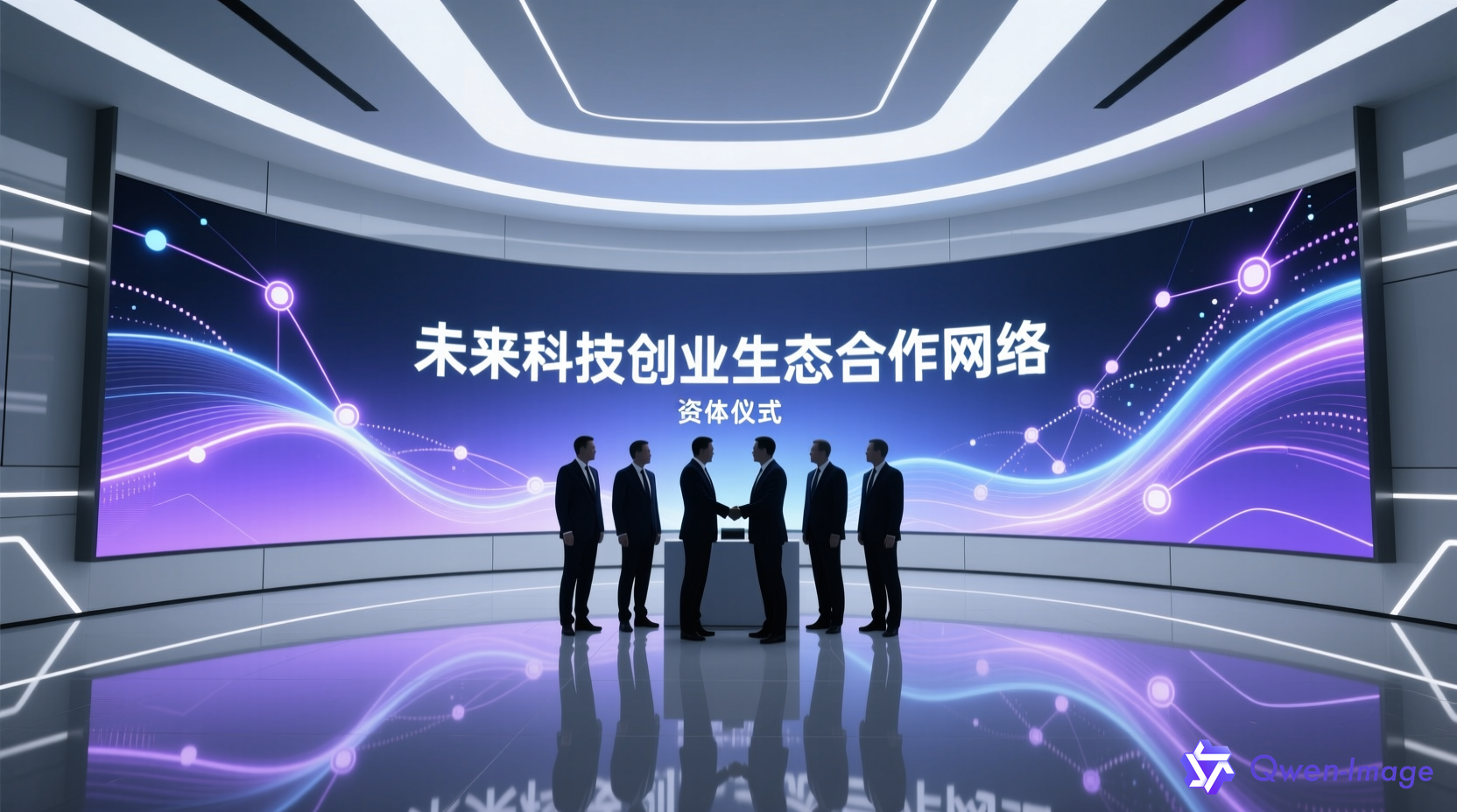 中科创星-香港大学创投基金签约仪式现场，科技感十足的LED屏幕展示'未来科技创业生态合作网络'