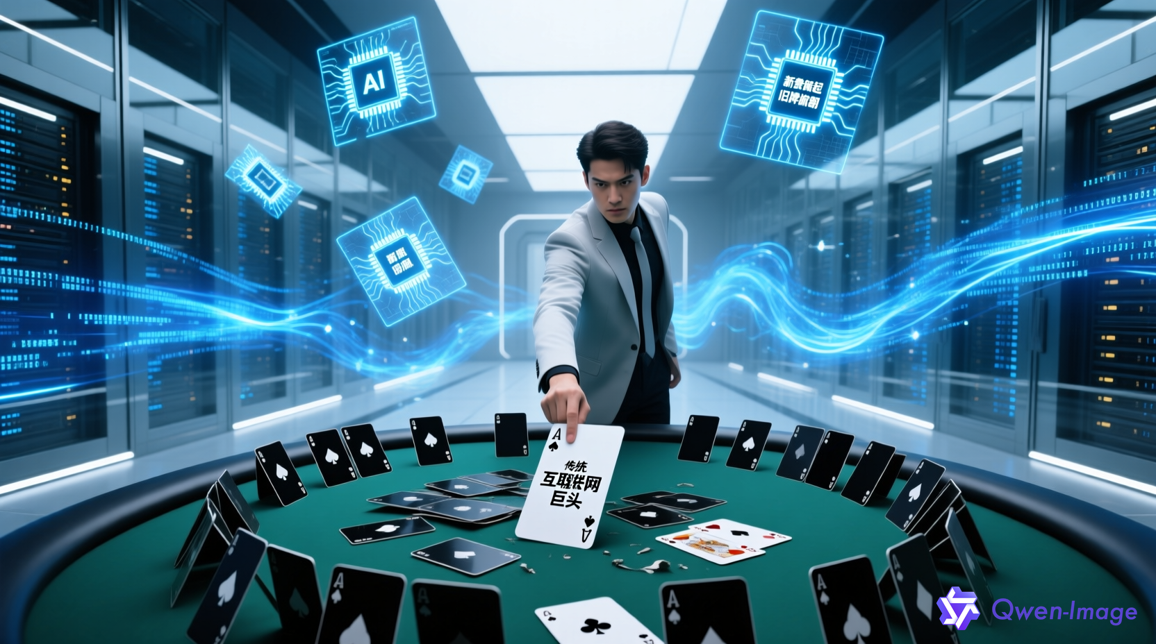 AI新贵掀翻旧牌桌的场景，象征新一代创业者挑战传统互联网巨头