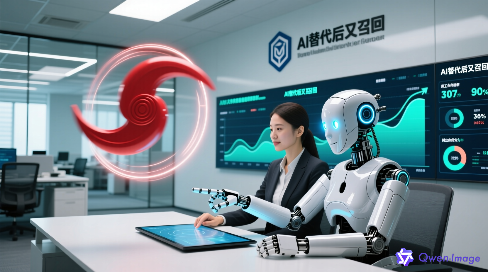 AI机器人与人类员工协同工作，回旋镖象征就业结构重构