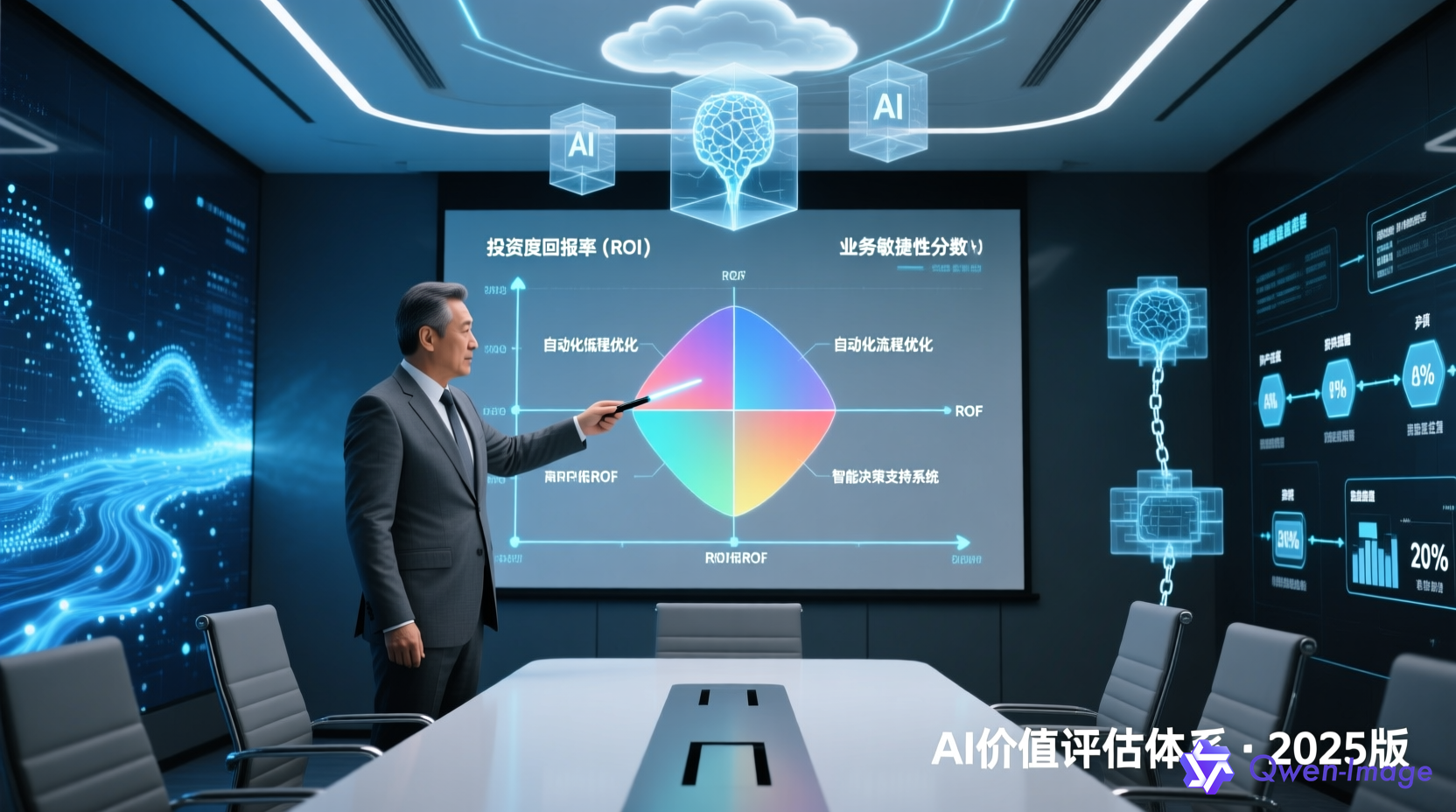 AI价值评估体系双维度框架图表，展示ROI与ROF评估模型