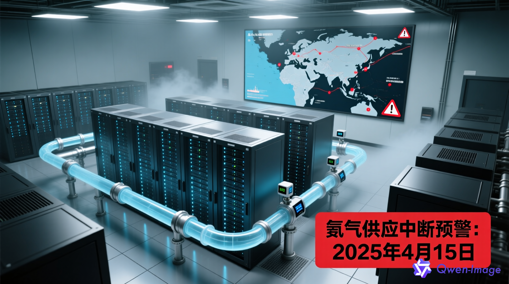 AI数据中心供应链危机示意图，显示霍尔木兹海峡地图与氦气供应中断警示