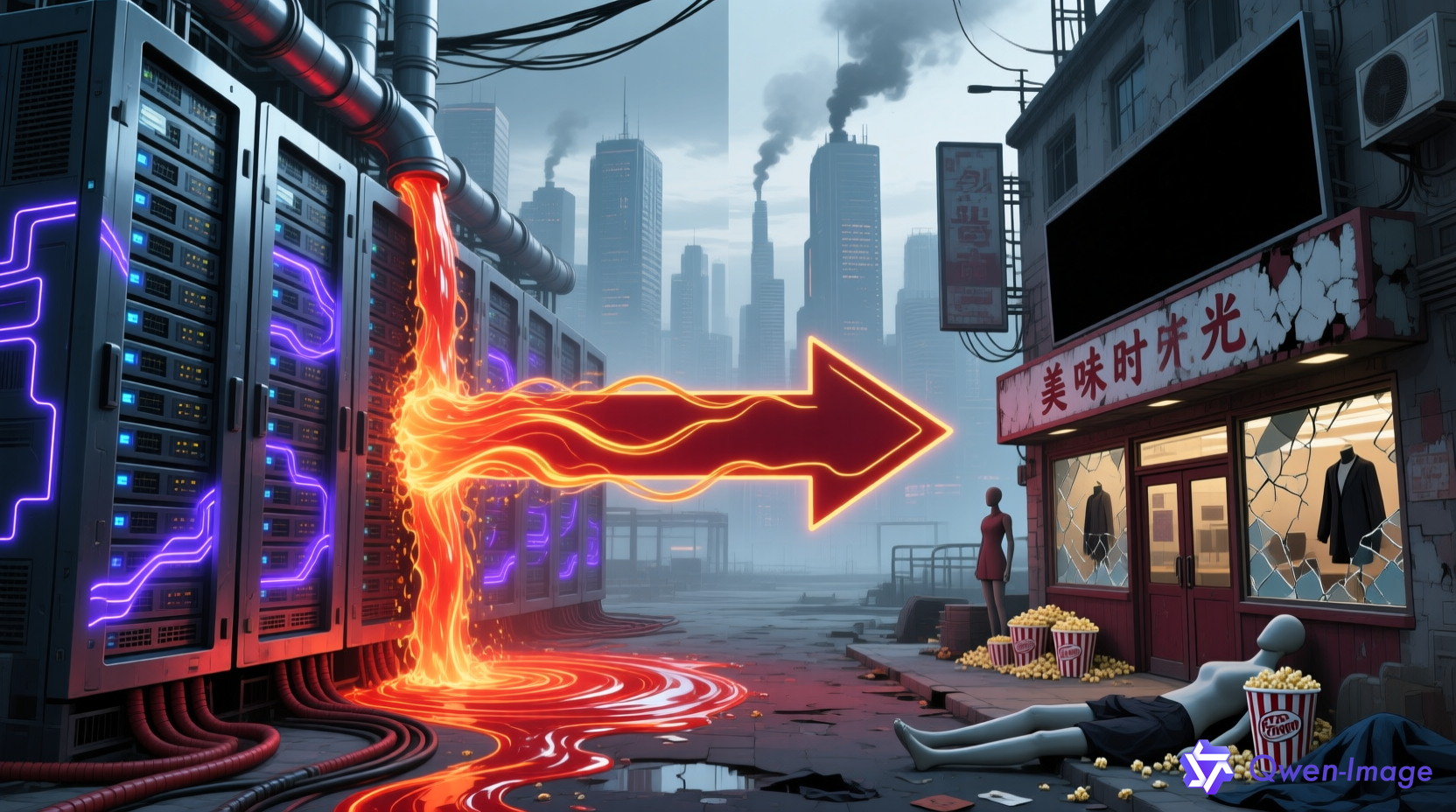 AI资源分配失衡对比图：服务器吞噬资源与生活场景萎缩