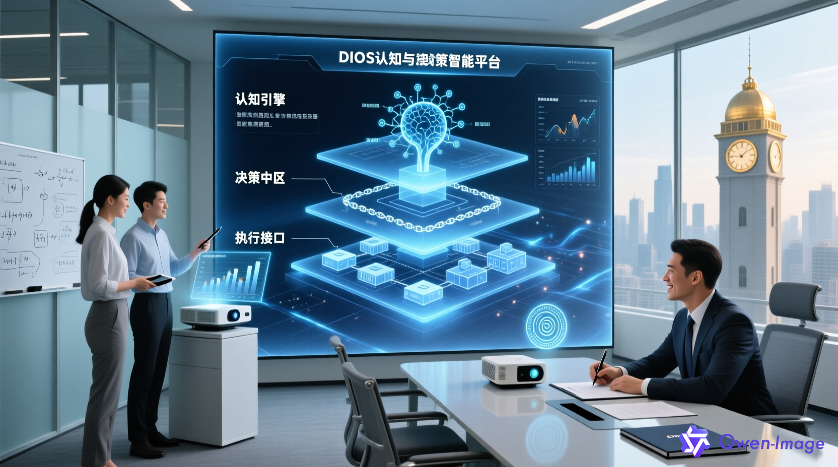 现代化AI公司办公场景，展示DIOS认知与决策智能平台三层架构